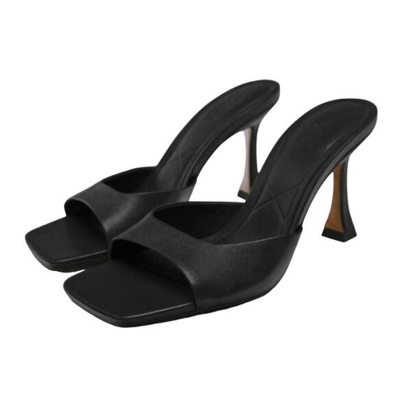 Zara Square Toe Mules Black Mid-Heel Low Leather Kitten 42 Slides Capsule 11 - Picture 1 of 10